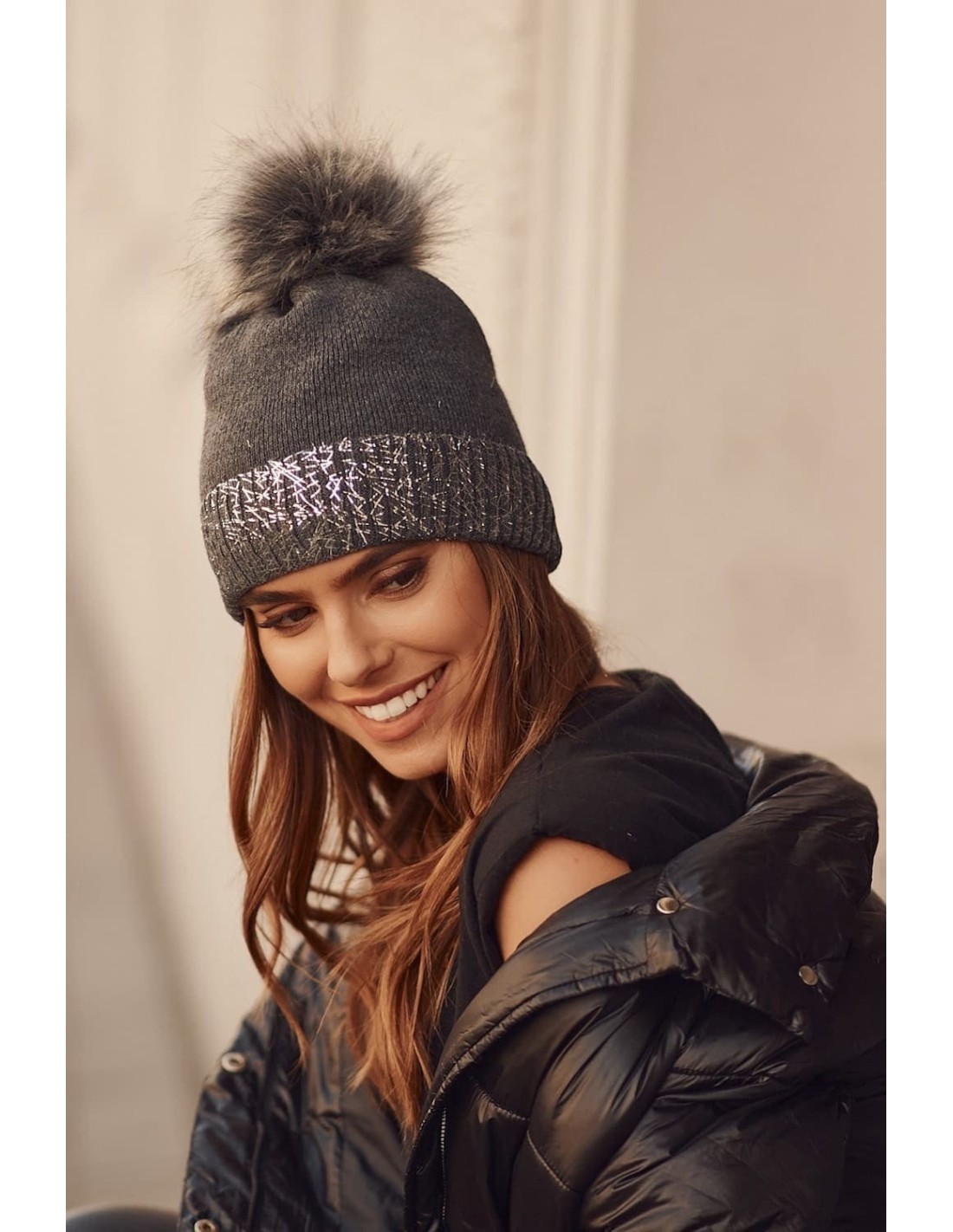 Winter hat with shiny graphite cuff C61 - Online store - Boutique